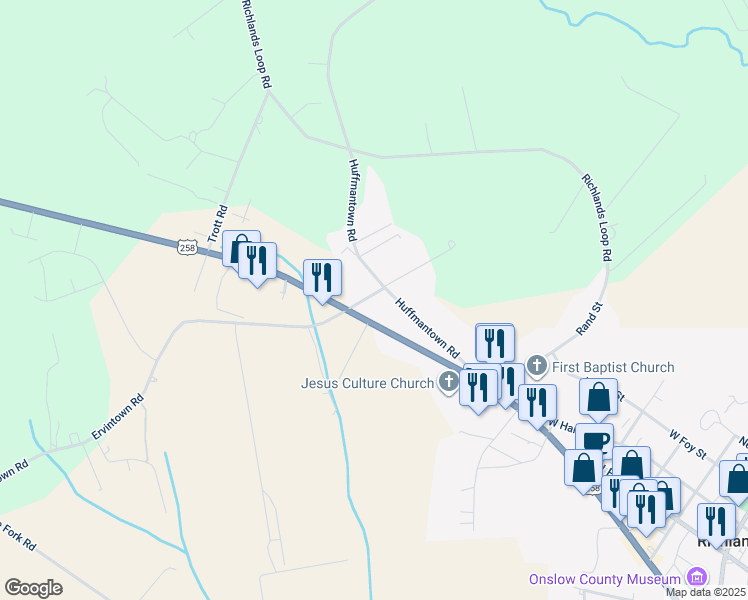 map of restaurants, bars, coffee shops, grocery stores, and more near 107 Ervintown Road in Richlands