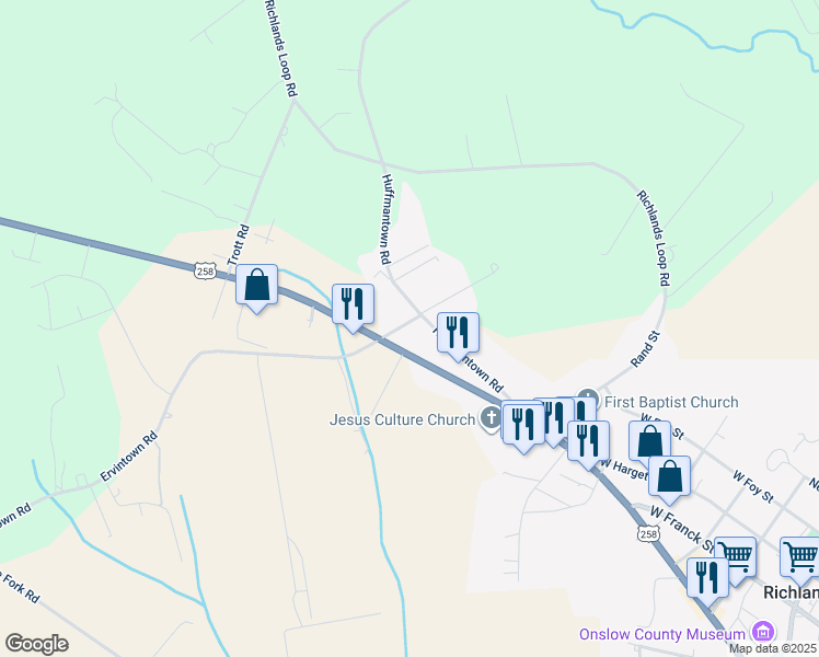 map of restaurants, bars, coffee shops, grocery stores, and more near 107 Ervintown Road in Richlands