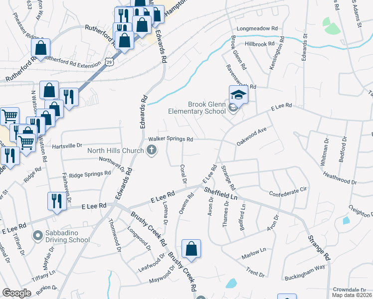 map of restaurants, bars, coffee shops, grocery stores, and more near 202 Coral Drive in Taylors
