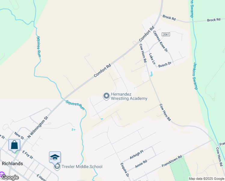 map of restaurants, bars, coffee shops, grocery stores, and more near 119 Pembury Way in Richlands