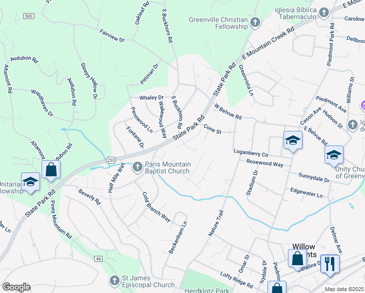 map of restaurants, bars, coffee shops, grocery stores, and more near 1914 State Park Road in Greenville
