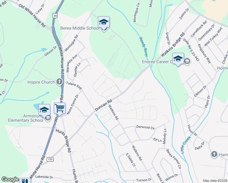 map of restaurants, bars, coffee shops, grocery stores, and more near 206 Downs Road in Greenville