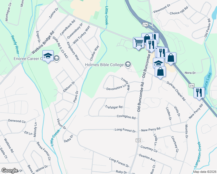 map of restaurants, bars, coffee shops, grocery stores, and more near 204 Devonshire Lane in Greenville