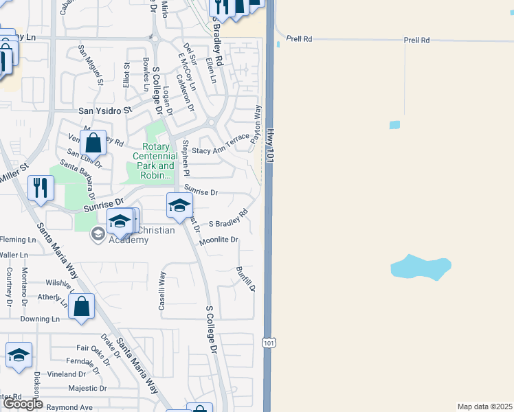 map of restaurants, bars, coffee shops, grocery stores, and more near 2816 South Bradley Road in Santa Maria