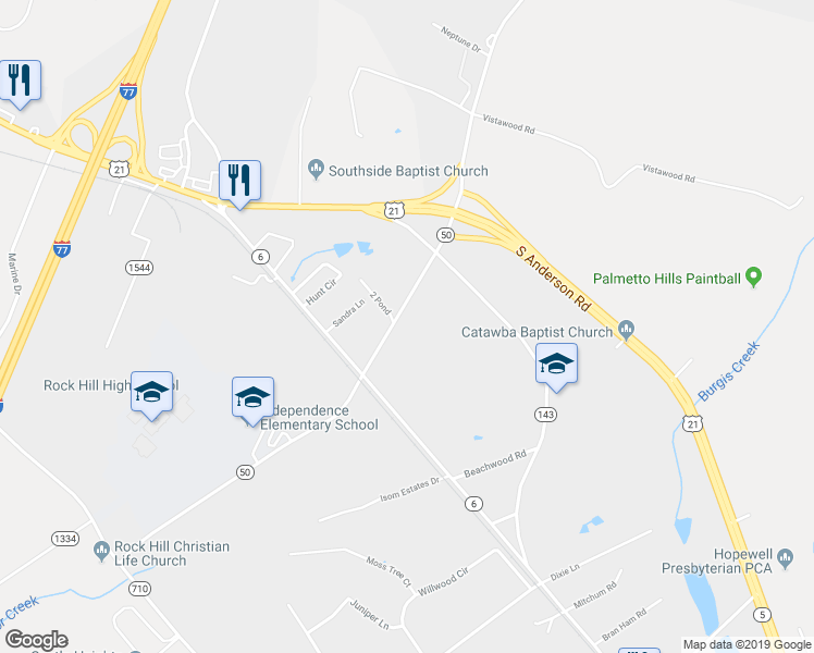 map of restaurants, bars, coffee shops, grocery stores, and more near 168 East Springdale Road in Rock Hill