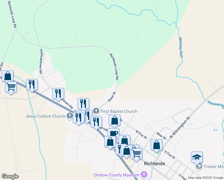 map of restaurants, bars, coffee shops, grocery stores, and more near 209 Rand Street in Richlands