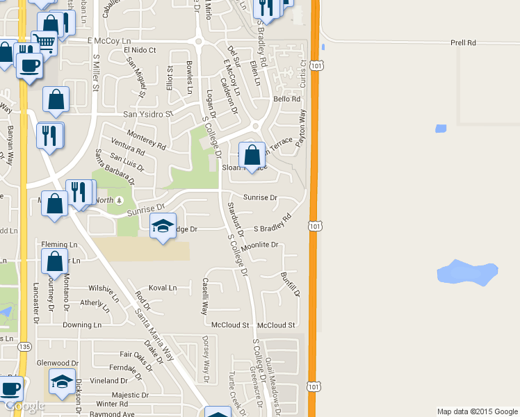 map of restaurants, bars, coffee shops, grocery stores, and more near 941 Sunflower Court in Santa Maria
