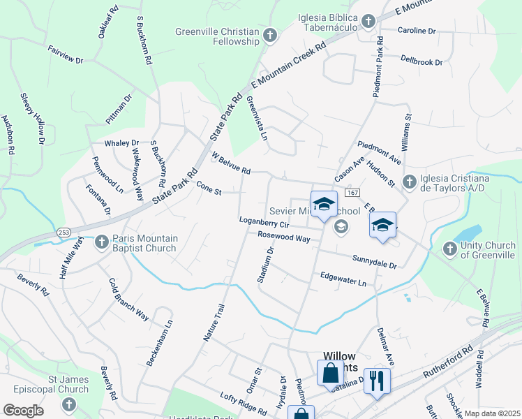 map of restaurants, bars, coffee shops, grocery stores, and more near 3A Maplecroft Street in Greenville