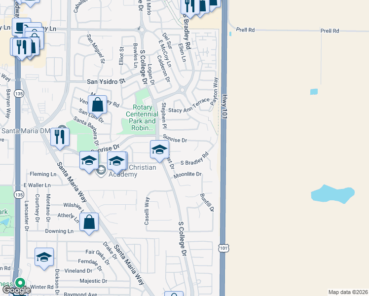 map of restaurants, bars, coffee shops, grocery stores, and more near 941 Sunflower Court in Santa Maria