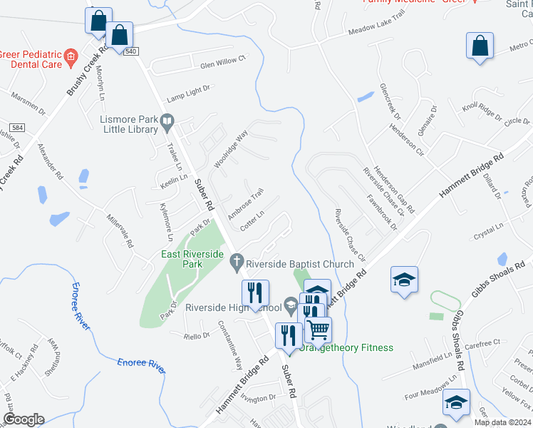 map of restaurants, bars, coffee shops, grocery stores, and more near 124 Cotter Lane in Greer