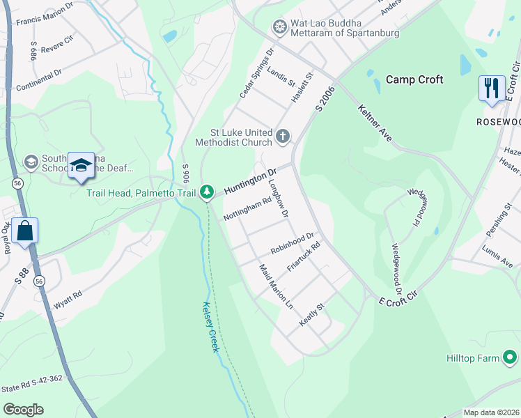 map of restaurants, bars, coffee shops, grocery stores, and more near 3240 Nottingham Road in Spartanburg