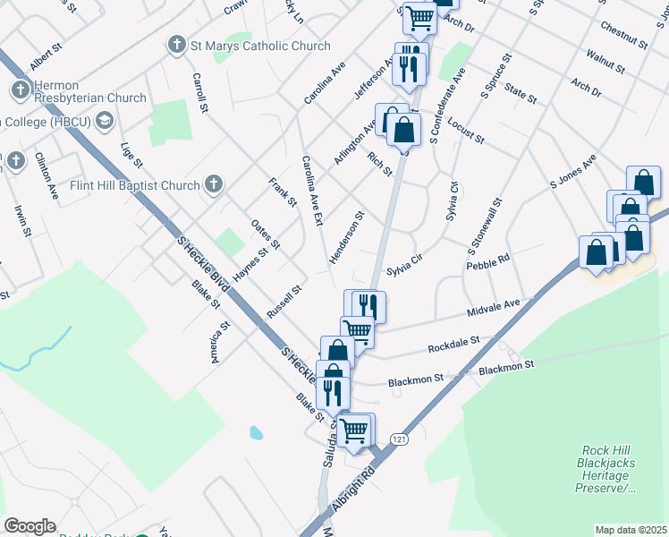 map of restaurants, bars, coffee shops, grocery stores, and more near 1163 Carolina Avenue Extension in Rock Hill