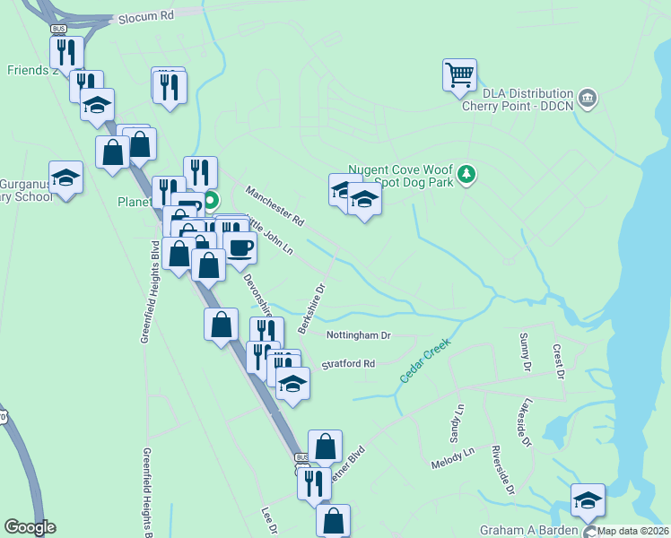 map of restaurants, bars, coffee shops, grocery stores, and more near 301 Berkshire Drive in Havelock