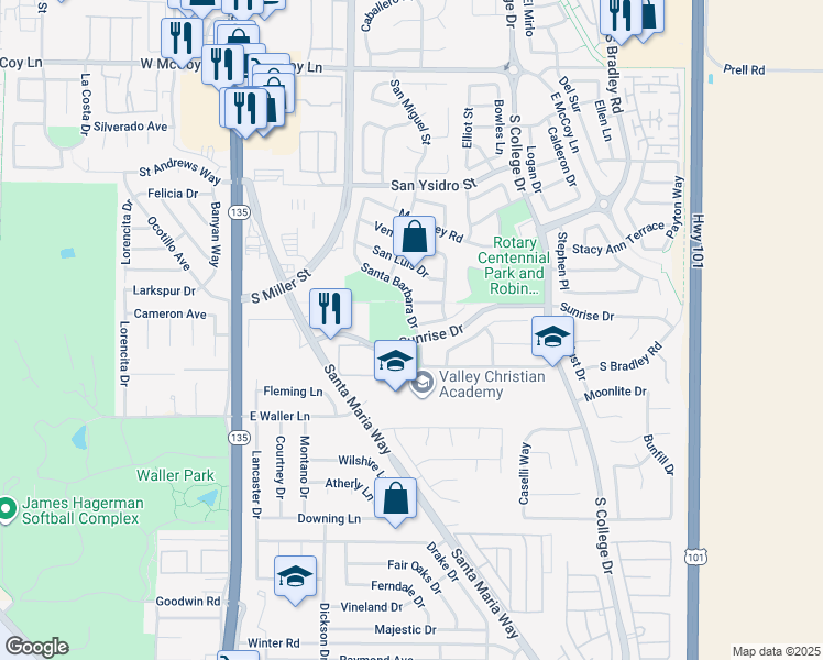 map of restaurants, bars, coffee shops, grocery stores, and more near 2811 Santa Barbara Drive in Santa Maria