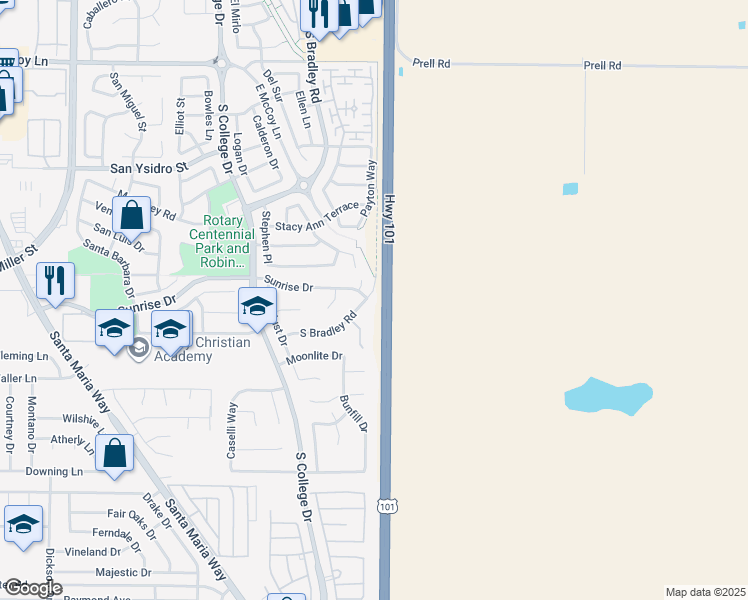 map of restaurants, bars, coffee shops, grocery stores, and more near 2816 South Bradley Road in Santa Maria