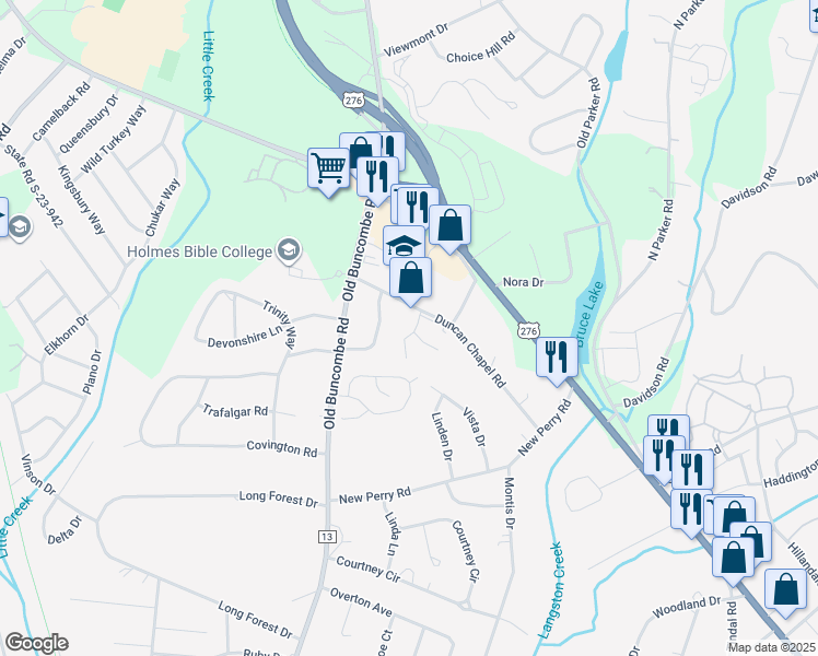 map of restaurants, bars, coffee shops, grocery stores, and more near 16 Duncan Chapel Road in Greenville