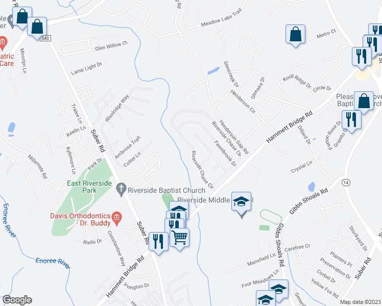 map of restaurants, bars, coffee shops, grocery stores, and more near 213 Riverside Chase Circle in Greer