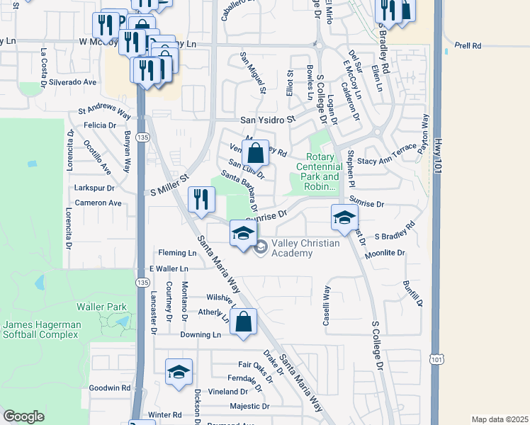 map of restaurants, bars, coffee shops, grocery stores, and more near 2811 Santa Barbara Drive in Santa Maria