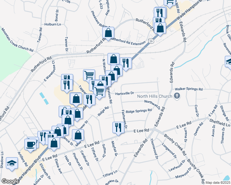 map of restaurants, bars, coffee shops, grocery stores, and more near 2 Hartsville Drive in Taylors