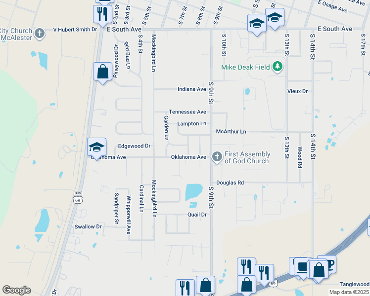 map of restaurants, bars, coffee shops, grocery stores, and more near 606 Garden Lane in McAlester