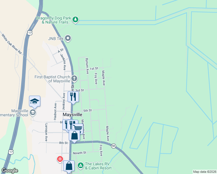 map of restaurants, bars, coffee shops, grocery stores, and more near 211 Maple Avenue in Maysville