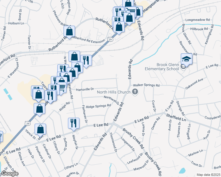 map of restaurants, bars, coffee shops, grocery stores, and more near 2 Hartsville Drive in Taylors