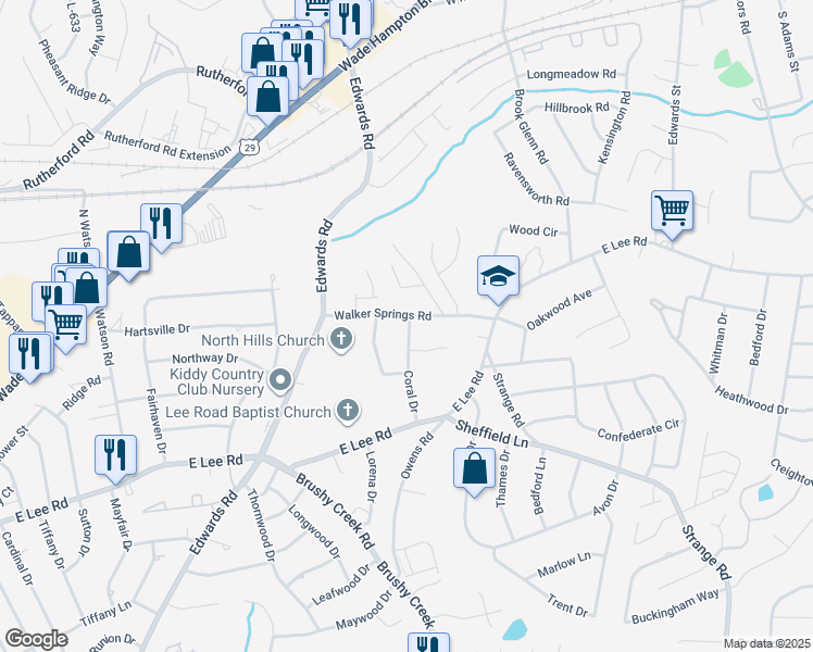 map of restaurants, bars, coffee shops, grocery stores, and more near 202 Coral Drive in Taylors