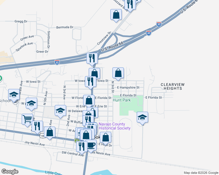map of restaurants, bars, coffee shops, grocery stores, and more near 301 East Hampshire Street in Holbrook