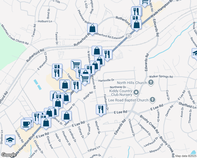 map of restaurants, bars, coffee shops, grocery stores, and more near 1 Hartsville Drive in Taylors