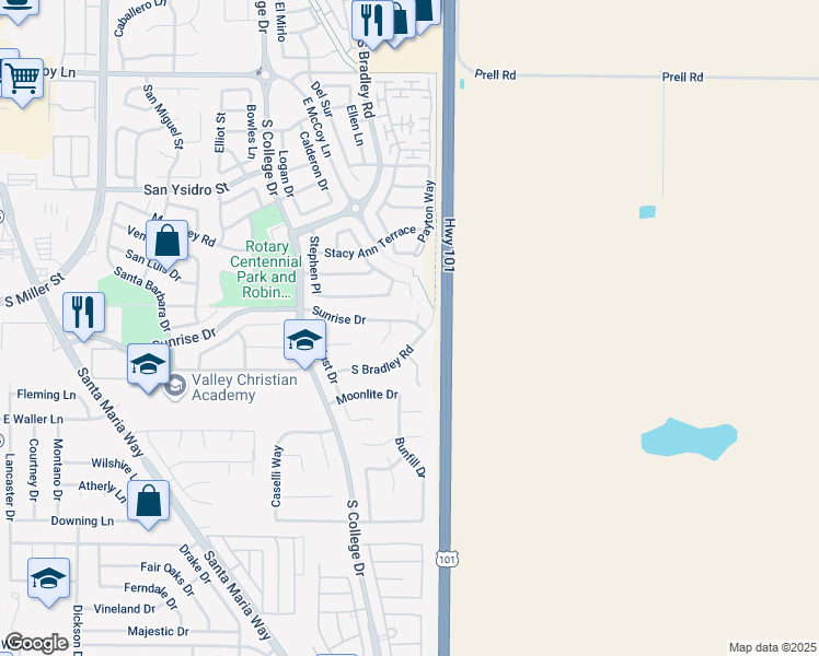 map of restaurants, bars, coffee shops, grocery stores, and more near 2824 Starlite Court in Santa Maria