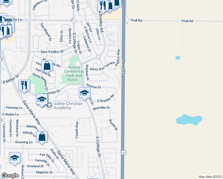 map of restaurants, bars, coffee shops, grocery stores, and more near 1014 Sunrise Drive in Santa Maria