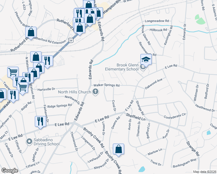 map of restaurants, bars, coffee shops, grocery stores, and more near 205 Walker Springs Road in Taylors