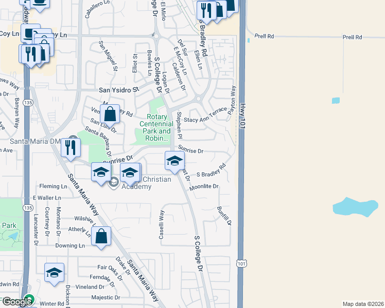 map of restaurants, bars, coffee shops, grocery stores, and more near 928 Sunrise Drive in Santa Maria