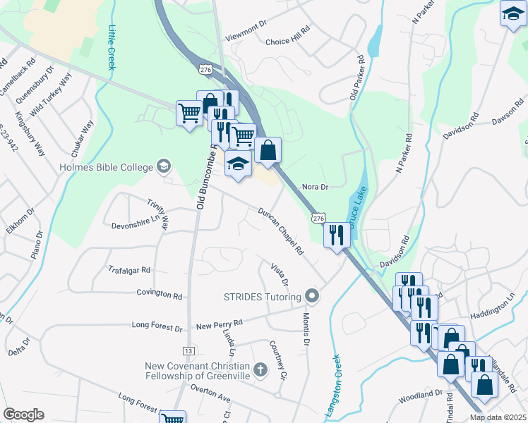 map of restaurants, bars, coffee shops, grocery stores, and more near 210 Duncan Chapel Road in Greenville