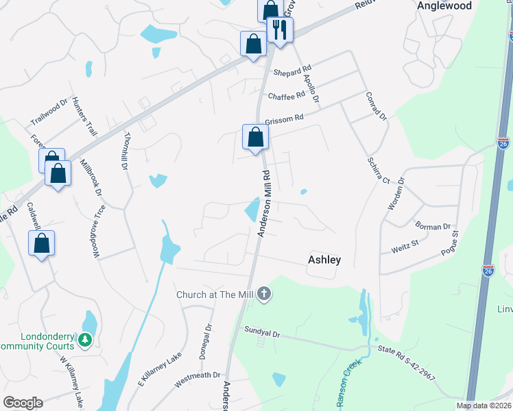 map of restaurants, bars, coffee shops, grocery stores, and more near 212 Rivermill Court in Spartanburg