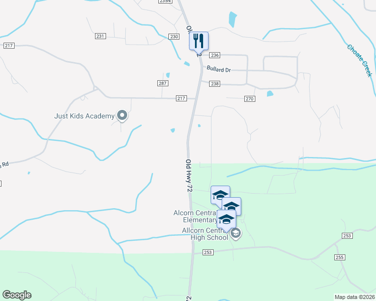 map of restaurants, bars, coffee shops, grocery stores, and more near 210 Old Highway 72 in Corinth