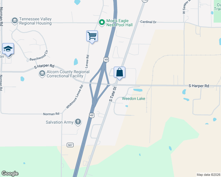map of restaurants, bars, coffee shops, grocery stores, and more near 2042 South Tate Street in Corinth