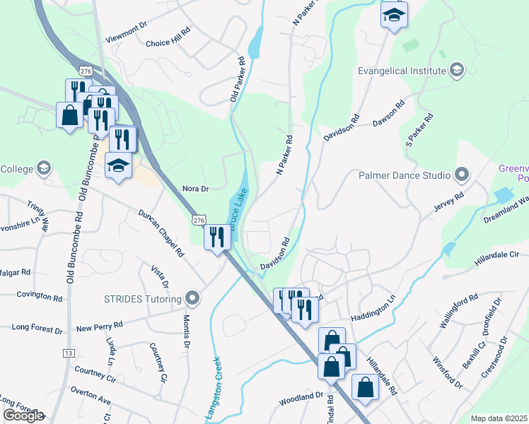 map of restaurants, bars, coffee shops, grocery stores, and more near 1417 North Parker Road in Greenville