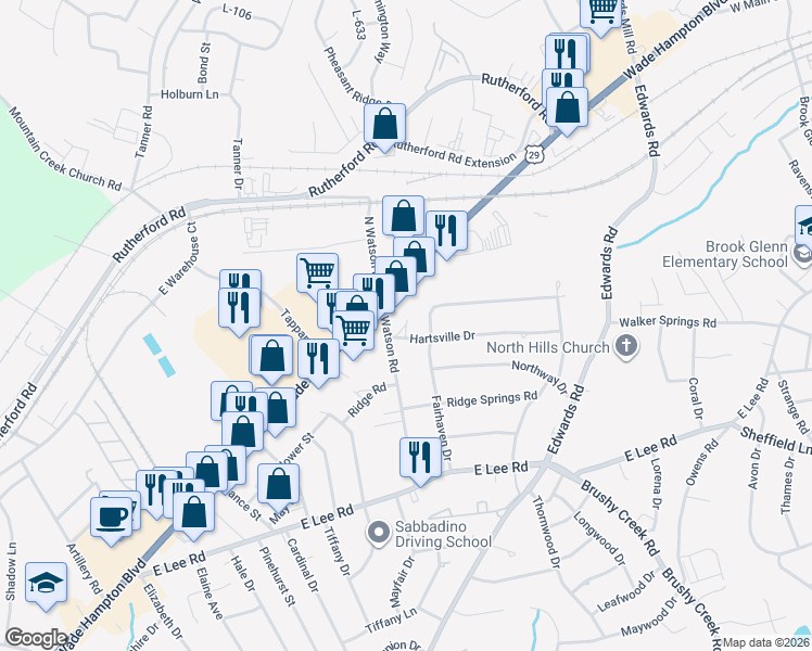 map of restaurants, bars, coffee shops, grocery stores, and more near 2 Hartsville Drive in Taylors