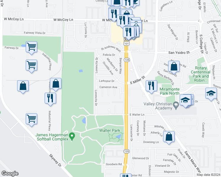 map of restaurants, bars, coffee shops, grocery stores, and more near 272 Cameron Avenue in Santa Maria