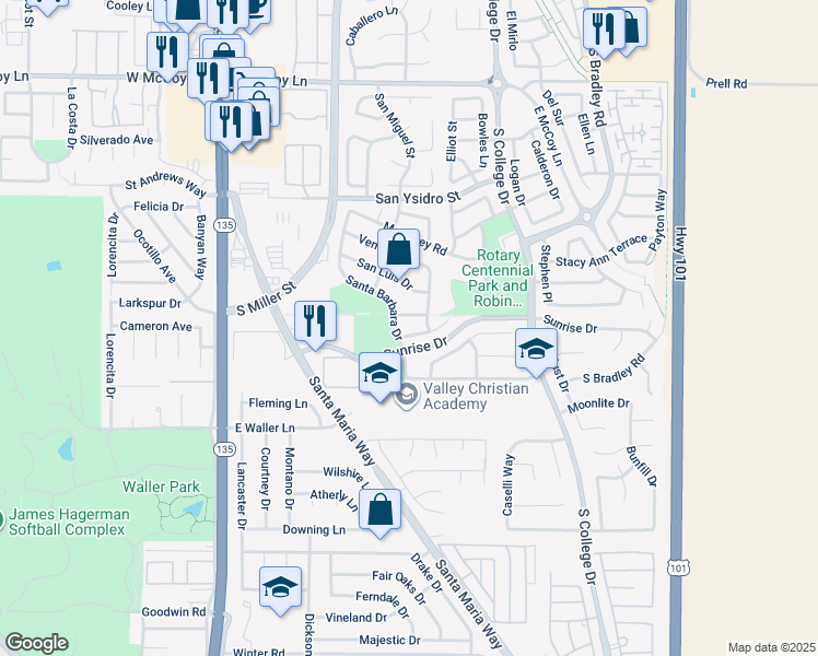 map of restaurants, bars, coffee shops, grocery stores, and more near 507 San Diego Street in Santa Maria