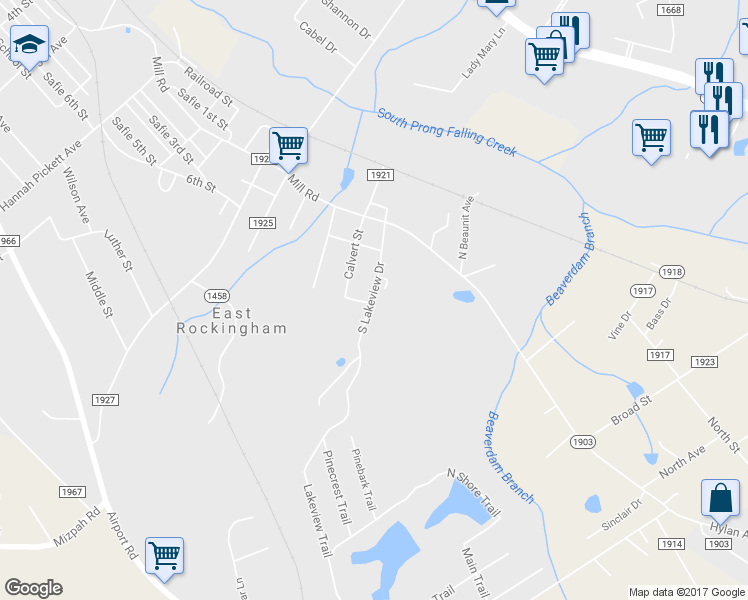 map of restaurants, bars, coffee shops, grocery stores, and more near 139 Lakeview Trail in Rockingham
