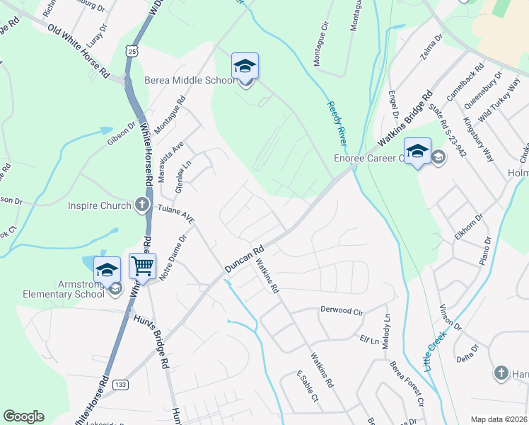 map of restaurants, bars, coffee shops, grocery stores, and more near 206 Downs Road in Greenville