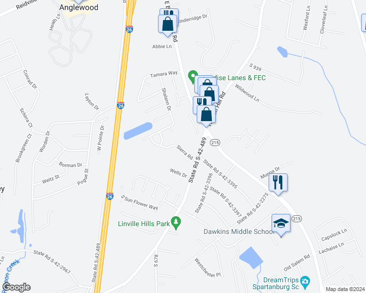 map of restaurants, bars, coffee shops, grocery stores, and more near 420 Sierra Road in Spartanburg