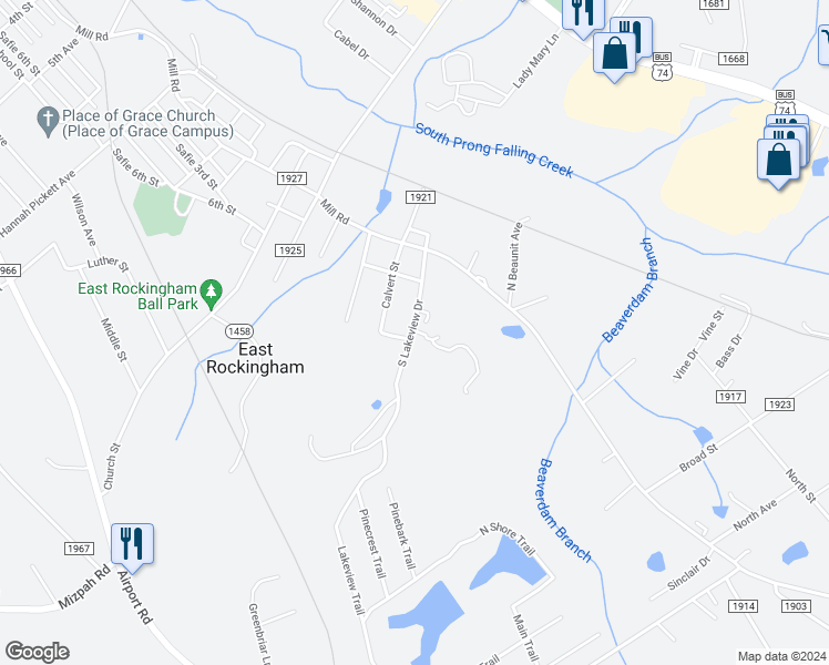 map of restaurants, bars, coffee shops, grocery stores, and more near 133 Lakeview Trail in Rockingham