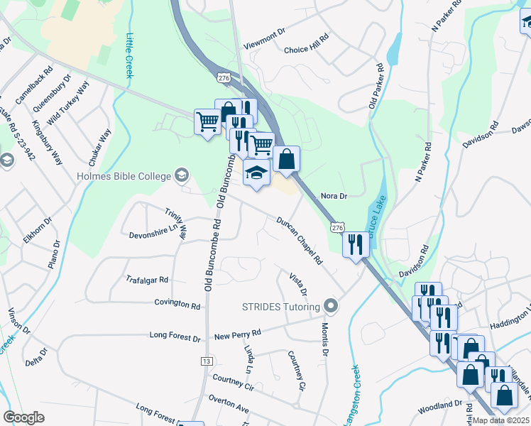 map of restaurants, bars, coffee shops, grocery stores, and more near 210 Duncan Chapel Road in Greenville