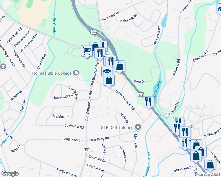 map of restaurants, bars, coffee shops, grocery stores, and more near 210 Duncan Chapel Road in Greenville