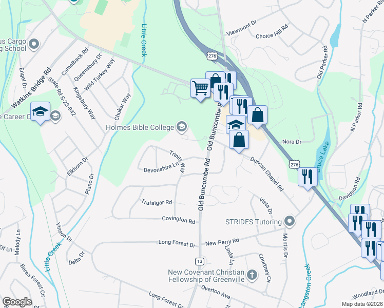 map of restaurants, bars, coffee shops, grocery stores, and more near 2 Devonshire Lane in Greenville