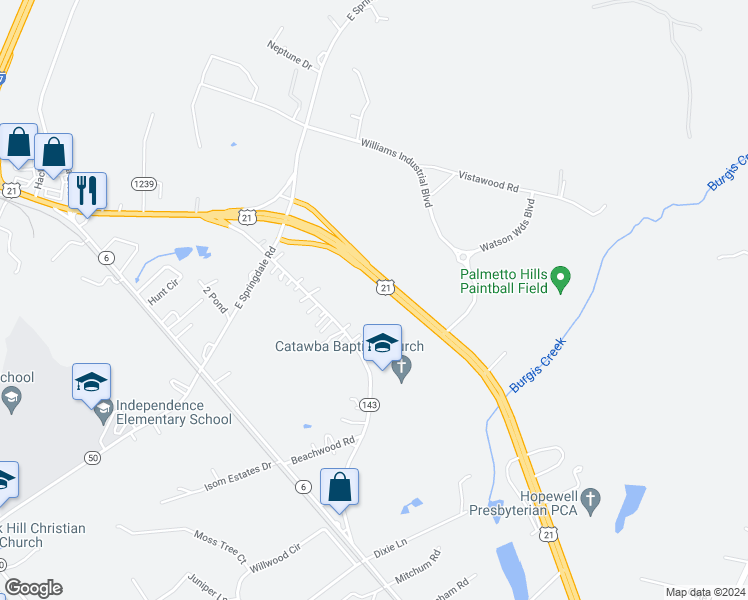 map of restaurants, bars, coffee shops, grocery stores, and more near 1382 South Anderson Road in Rock Hill