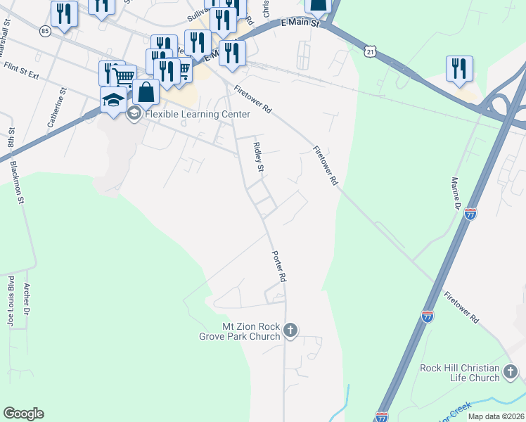 map of restaurants, bars, coffee shops, grocery stores, and more near 363 Porter Road in Rock Hill